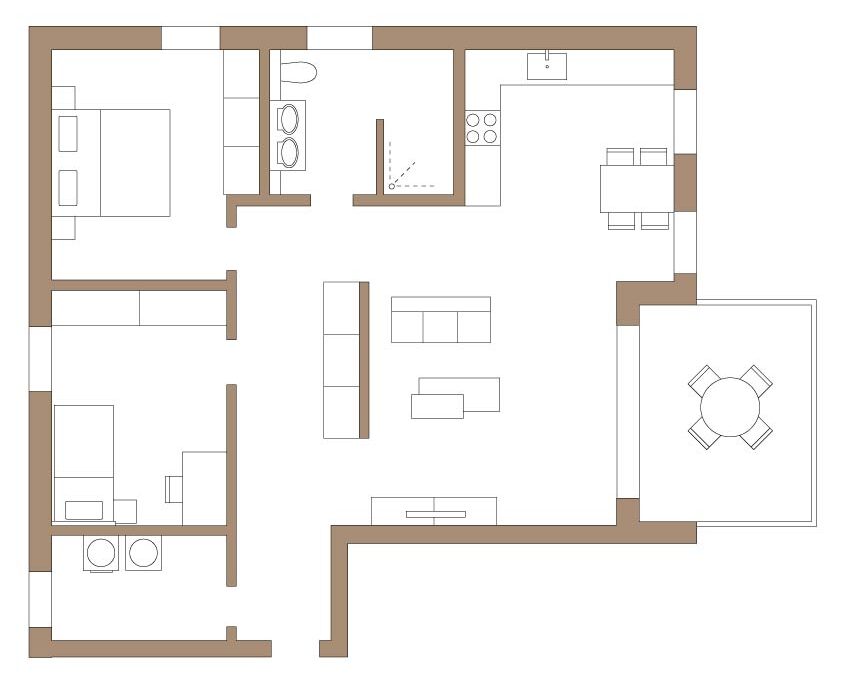 Grundriss eines modernen Neubaus mit klar strukturierter Raumaufteilung. Links im Bild befinden sich zwei Schlafzimmer, eines mit einem großen Doppelbett. Dazwischen liegt ein Badezimmer mit Badewanne, Waschbecken und WC. Im unteren linken Bereich ist ein Hauswirtschaftsraum mit Waschmaschine und Trockner. Der zentrale Bereich bildet das großzügige Wohnzimmer mit Couch und TV sowie offenem Übergang zum Essbereich und der angrenzenden Küche im rechten oberen Bereich. Vom Essbereich führt ein Zugang auf eine überdachte Terrasse mit Gartentisch und vier Stühlen. Der Eingangsbereich mit Flur liegt mittig, zwischen den Wohn- und Schlafbereichen.